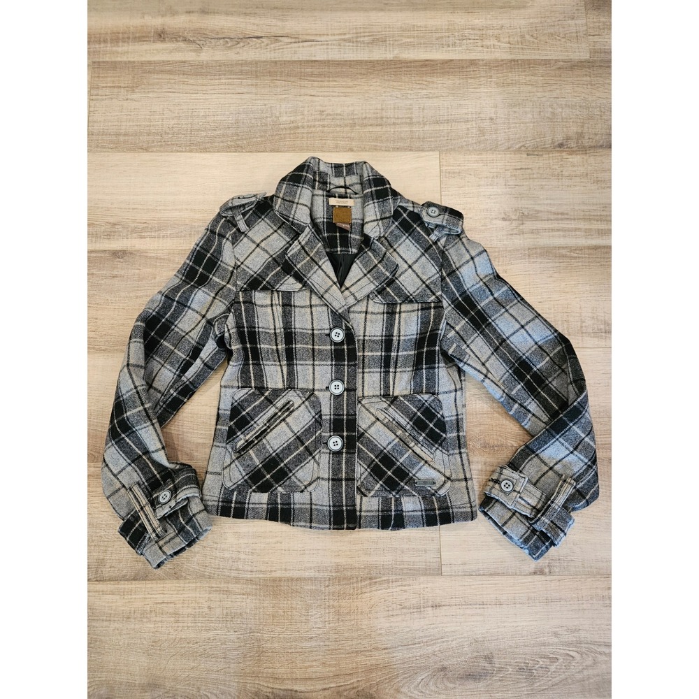 Ruff Hewn Womens S Wool Blend Plaid Jacket Gray Black Military Trench Coat